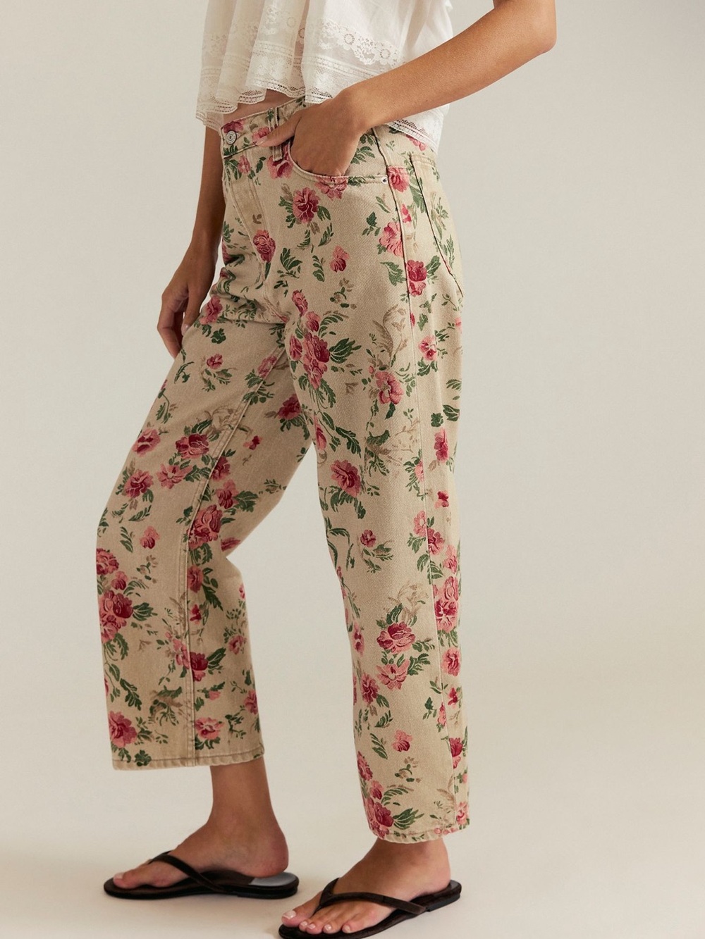 We The Free Beige Floral Straight-Leg Jeans - Picture 4 of 5